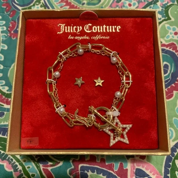 New Juicy Couture Set with Faux Pearl Star Bracelet & Earrings, Gift Box - Picture 4 of 5